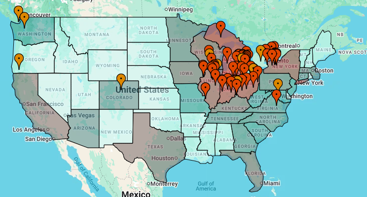 Map of the United States shaded by the number of euchre players in each state, with red pins for euchre tournaments found in 2013 and yellow pins for euchre app company headquarters. Michigan is the darkest state and has the most red pins.